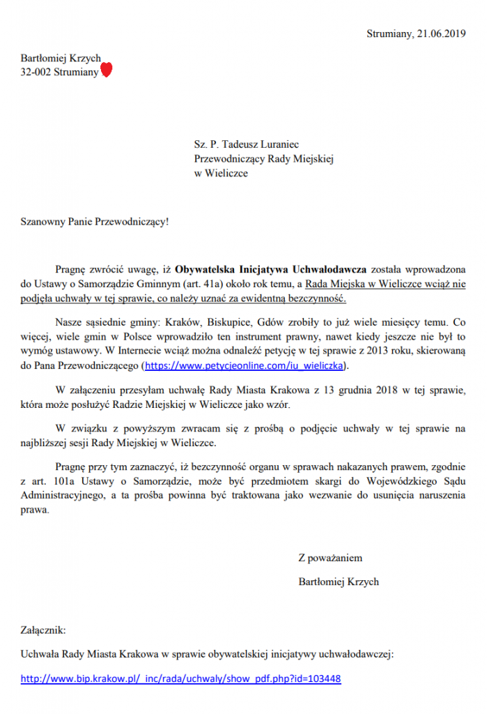 Prośba do Rady Miejskiej w Wieliczce o podjęcie uchwały w sprawie